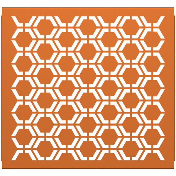 A white partition panel with a burnt orange hexagonal pattern.
