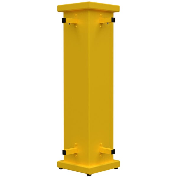 A yellow rectangular metal corner with circle top cut-out.