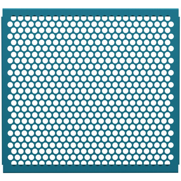 A teal perforated metal panel with circle patterns.