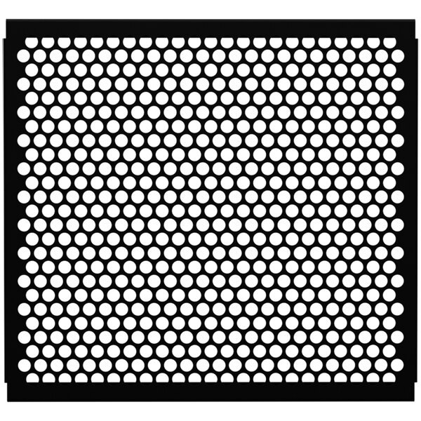 A black metal partition panel with white circle patterns.