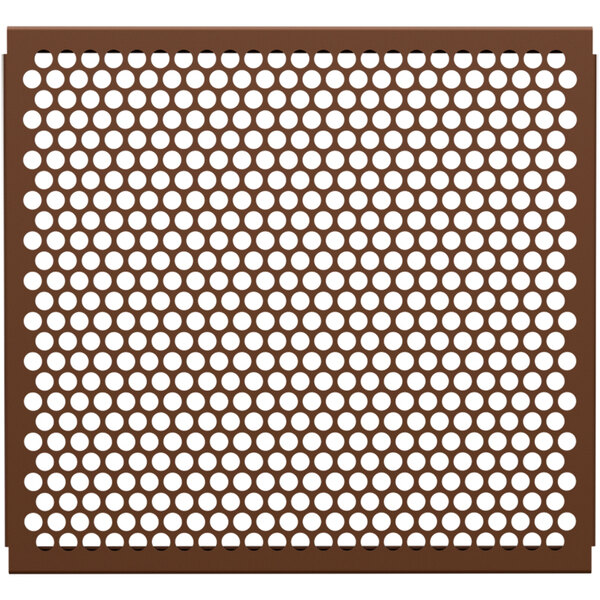 A brown metal grid with white circles.