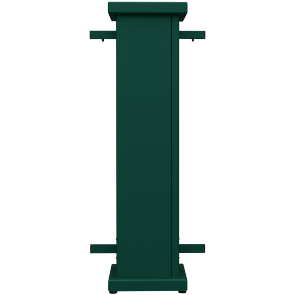A forest green metal rectangular stand with a circle top cut-out.