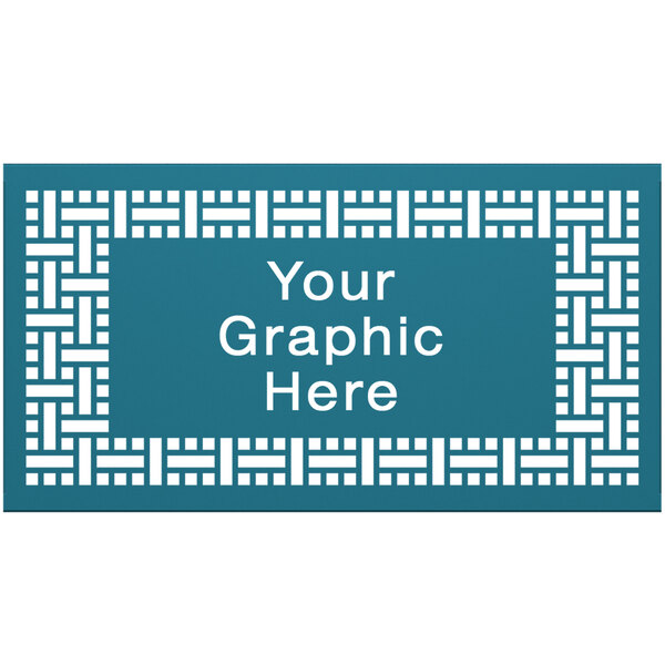 A teal square weave pattern partition panel with a blue and white sign with the words "your graphic here"