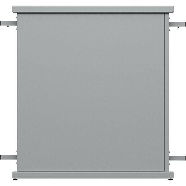 A gray rectangular metal planter with circle cut-outs on top.
