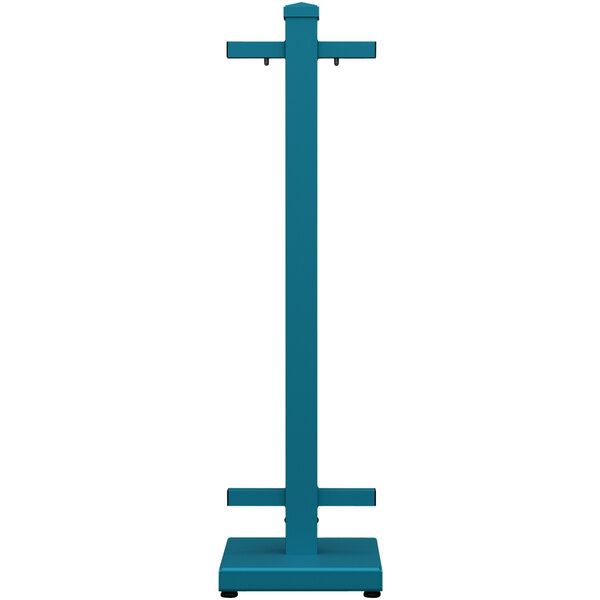 A teal metal SelectSpace stand with a metal pole on each end.
