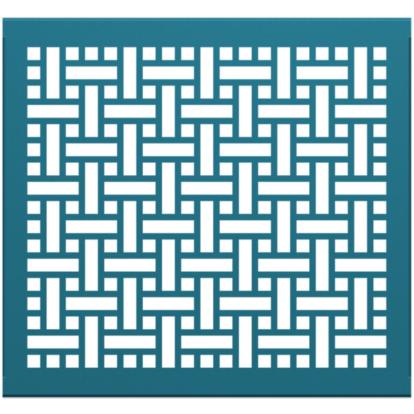 A teal square partition panel with a white geometric pattern.