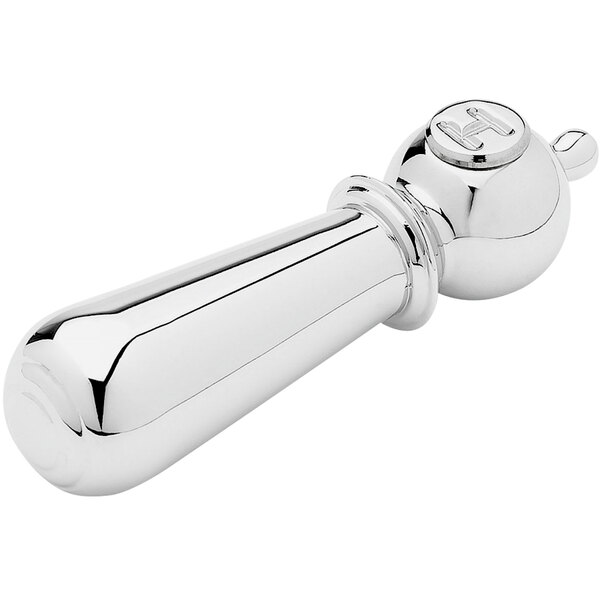 A chrome plated T&S club handle with a round "Hot" insert.