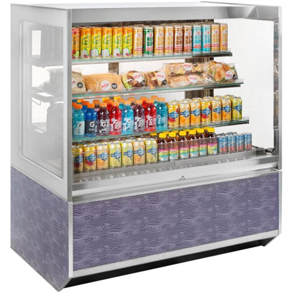 A Federal Industries Italian Series refrigerated self-serve open-air merchandiser with drinks and beverages on shelves.