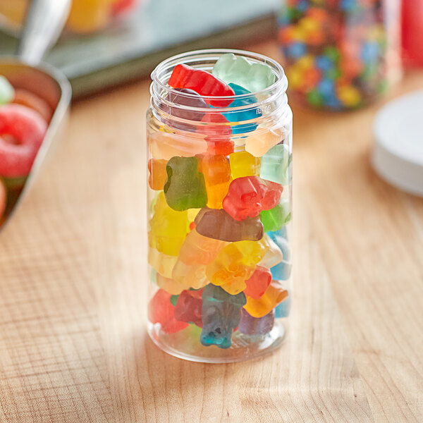 A clear 8 oz. PET jar filled with gummy bears.