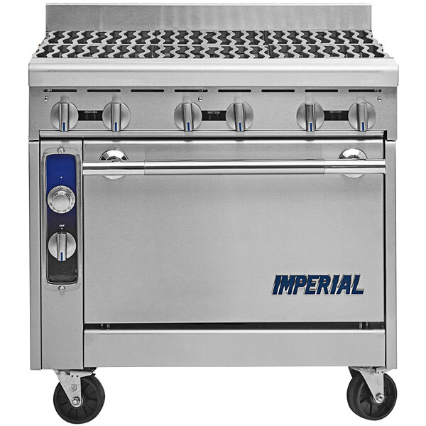 An Imperial stainless steel gas range with 6 open burners.