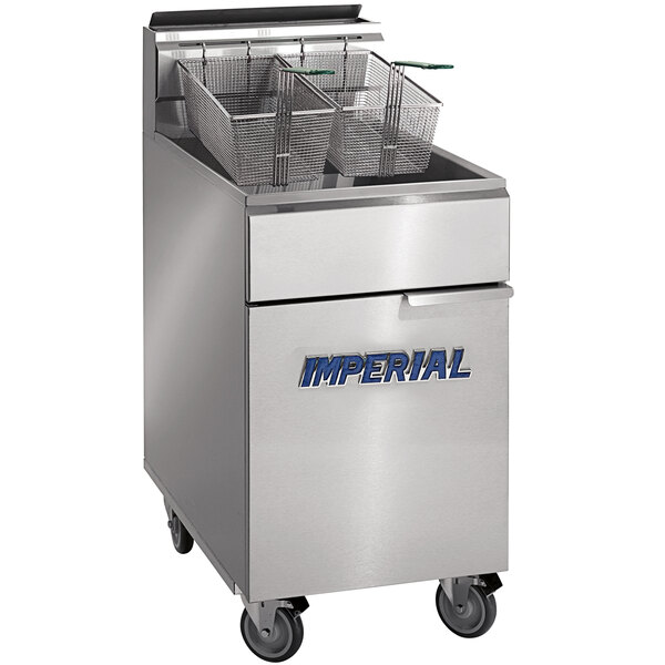 An Imperial stainless steel liquid propane gas fryer with baskets on top.