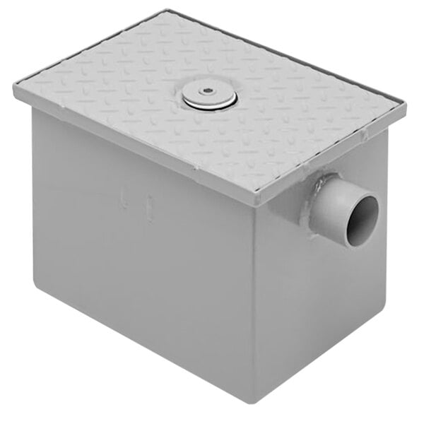 A grey rectangular Zurn grease trap with 4 no-hub connections.