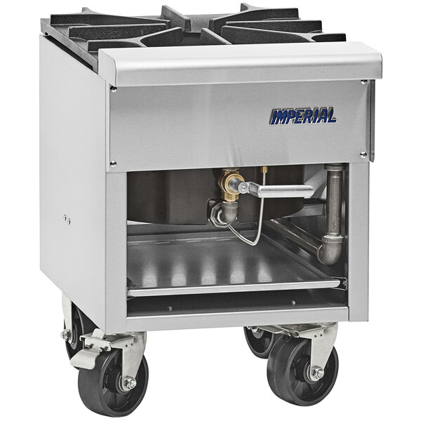 An Imperial Range natural gas stock pot range with a large stainless steel pipe on it.