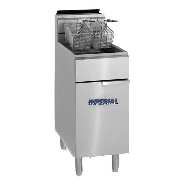 A stainless steel Imperial Range natural gas split pot fryer with baskets on top.