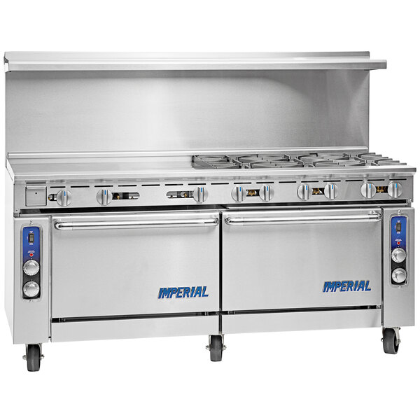 A large stainless steel Imperial Range Pro Series double oven with 6 burners and a griddle.