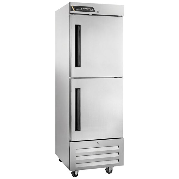 A silver Traulsen Centerline reach-in refrigerator with two half doors.