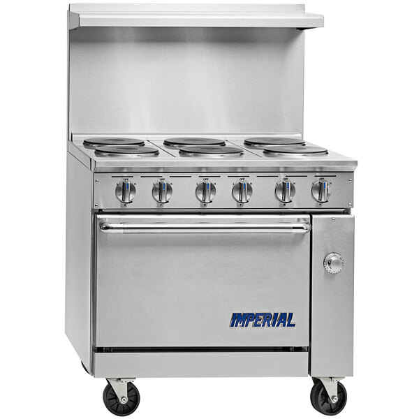 A large stainless steel Imperial Range Pro Series electric range with 6 round plates.