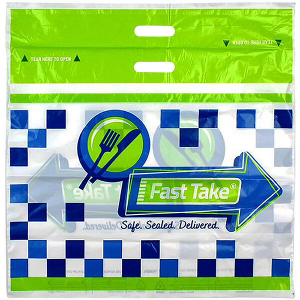 A white plastic Fast Take bag with a green and blue logo.