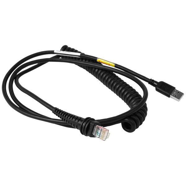 A black Honeywell coiled USB cable with a white plug.
