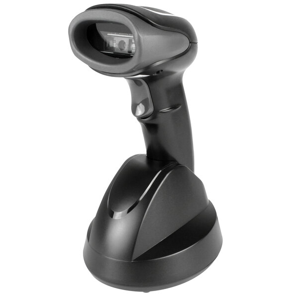 A POS-X ION Bluetooth barcode scanner on a black stand.