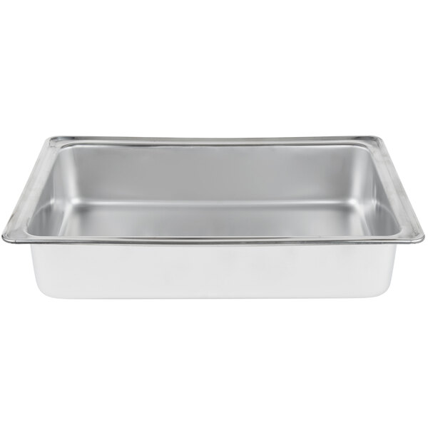 A stainless steel Vollrath water pan with a lid on a silver tray.