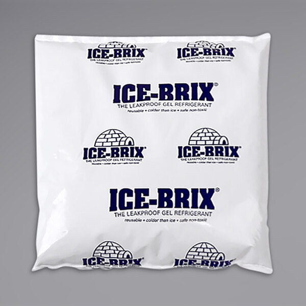 A white Polar Tech bag with blue text containing a Polar Tech Ice Brix cold pack.