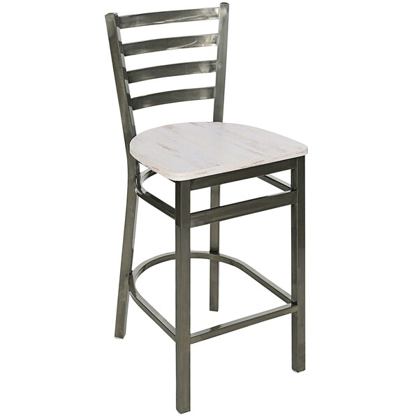 A BFM Seating metal counter height barstool with a wooden seat.