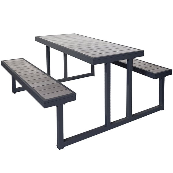 A BFM Seating black aluminum picnic table with gray synthetic teak top and benches.