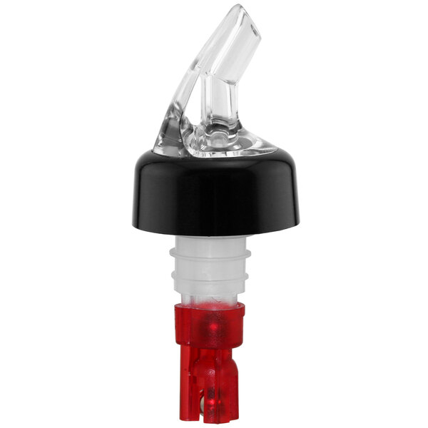 A Franmara clear liquor pourer with a red tail and collar.