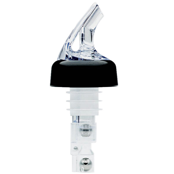A clear and white Franmara Sure Shot bottle pourer with a collar.