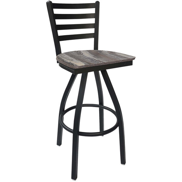 A black steel BFM Seating bar stool with a wooden seat.