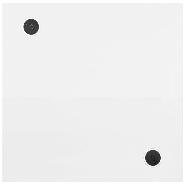A white square BFM Seating tabletop with black circles and lines.
