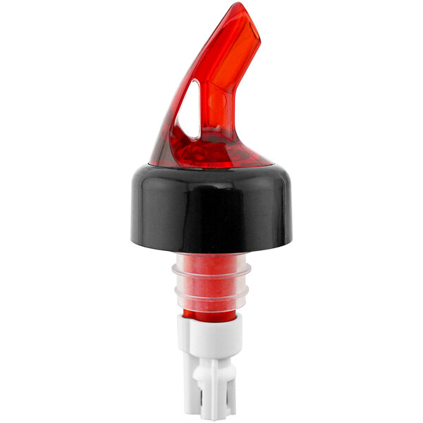 A Franmara red and white liquor pourer with a black collar and tail.