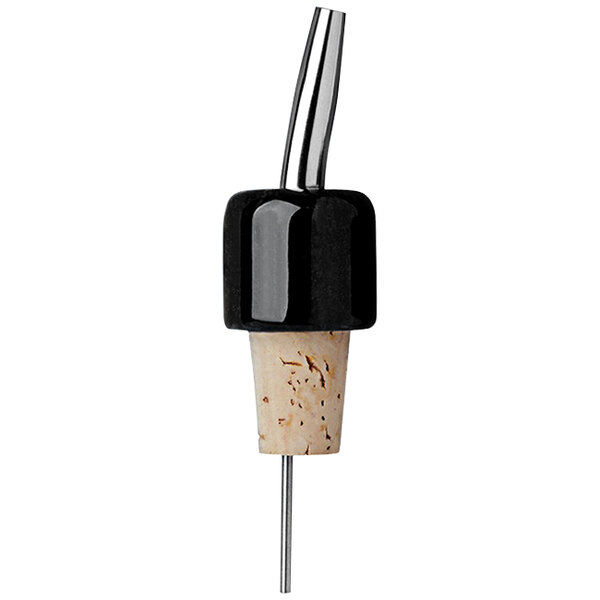 A black and white wine cork with a metal tube.