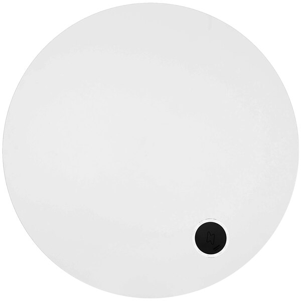 A white BFM Seating round tabletop with a black circle in the middle.
