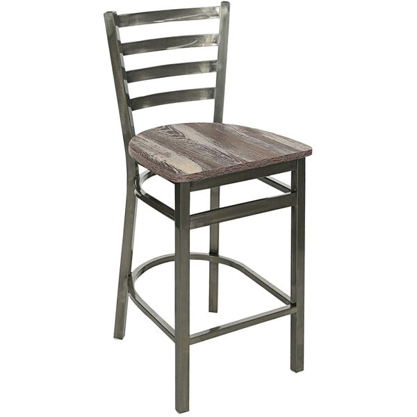 A BFM Seating metal barstool with a wooden seat.