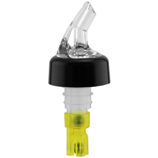 A clear and yellow Franmara Bar-Pro liquor pourer with a yellow cap.
