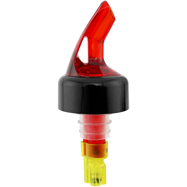A red and yellow Franmara liquor pourer with a black collar.