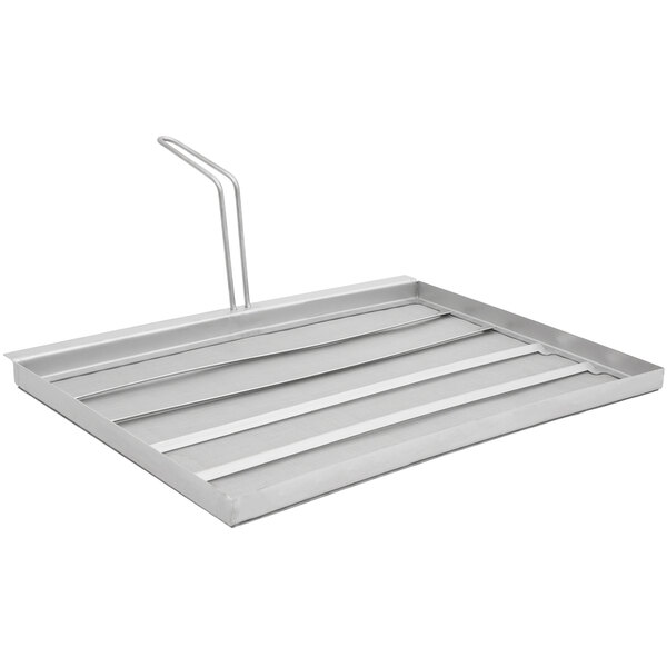 A stainless steel Frymate filter tray with a handle.