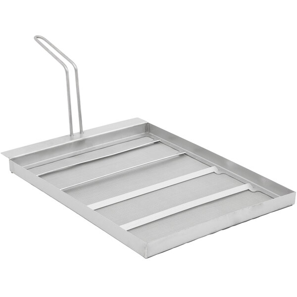 A stainless steel metal tray with a handle and metal bars.