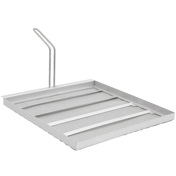 A stainless steel Frymate filter tray with a handle.