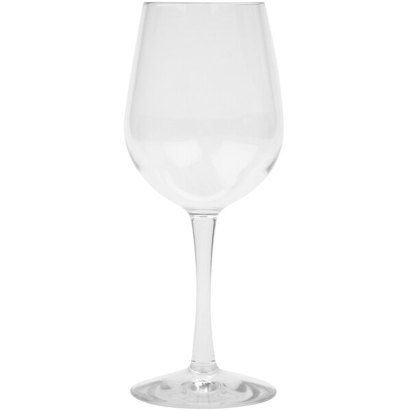 A close-up of a clear GET Social Club Tritan plastic wine glass with a stem.