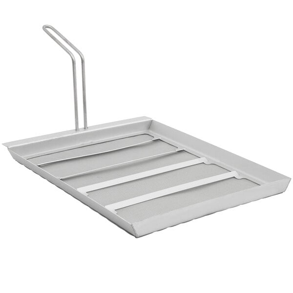 A white metal tray with metal bars and a metal handle.