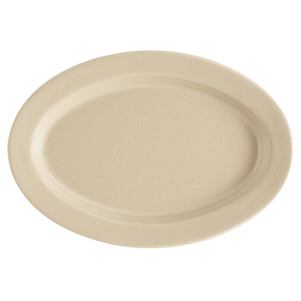A beige oval platter with a speckled surface.