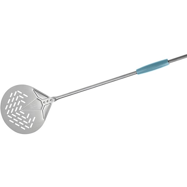 A GI Metal stainless steel round pizza peel with a long blue handle.