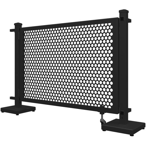 A black metal SelectSpace gate with a circle pattern and stands.