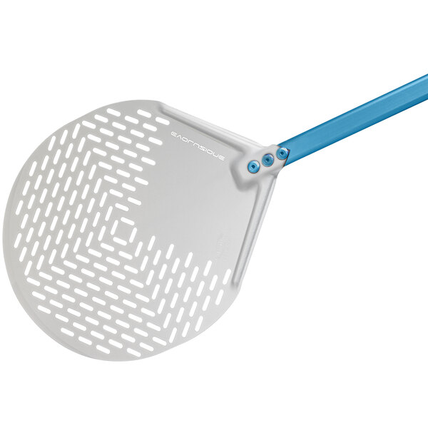 An anodized aluminum pizza peel with a blue and white handle.