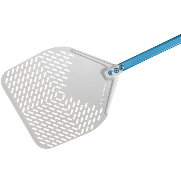A white and blue anodized aluminum pizza peel with a long handle.