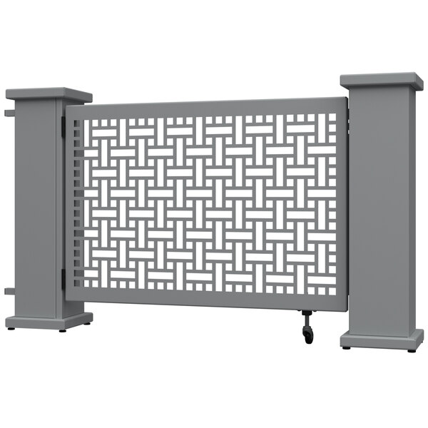 A grey rectangular metal gate with a square weave pattern.