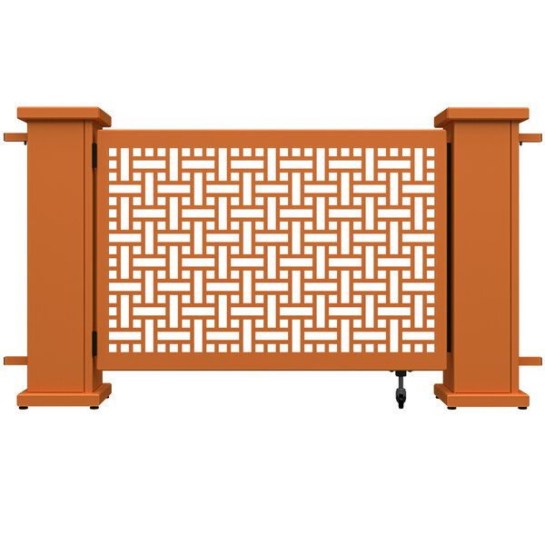 A burnt orange wooden gate with a square weave pattern.